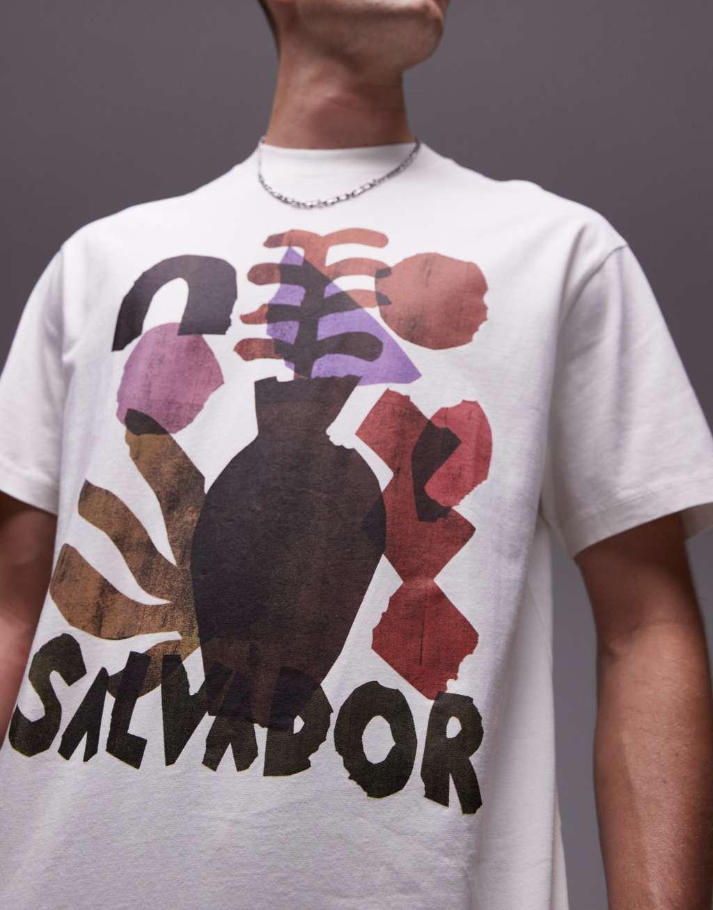 Topman oversized fit T-shirt with Salvador print in washed stone Product Image