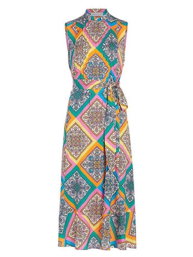 Womens Phoebe Mosaic Silk Tie-Waist Midi-Dress Product Image