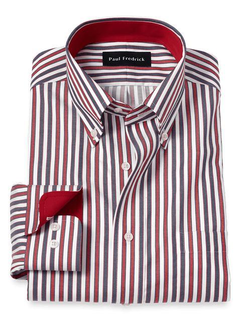 Non-Iron Cotton Stripe Dress Shirt With Contrast Trim - Navy/red Product Image