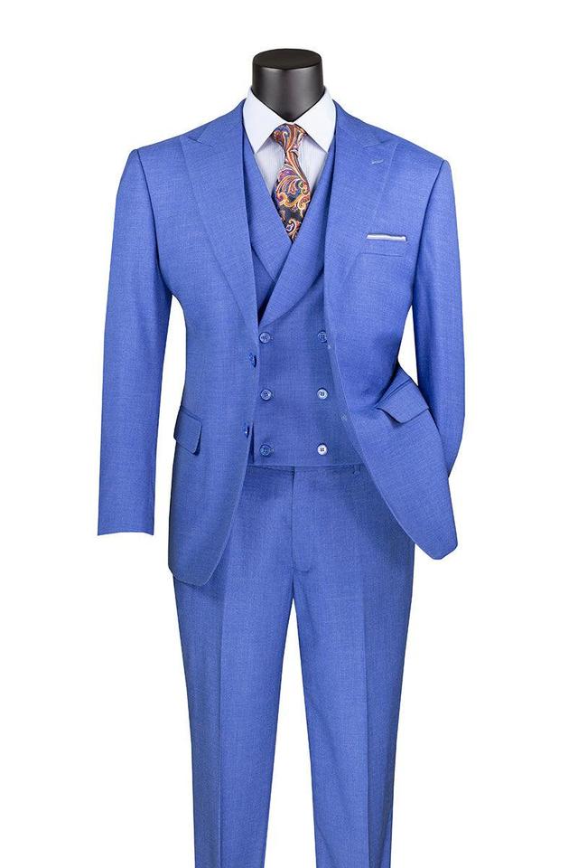 French Blue Modern Fit 3 Piece Suit with Vest and Adjustable Waist Band Pants Product Image