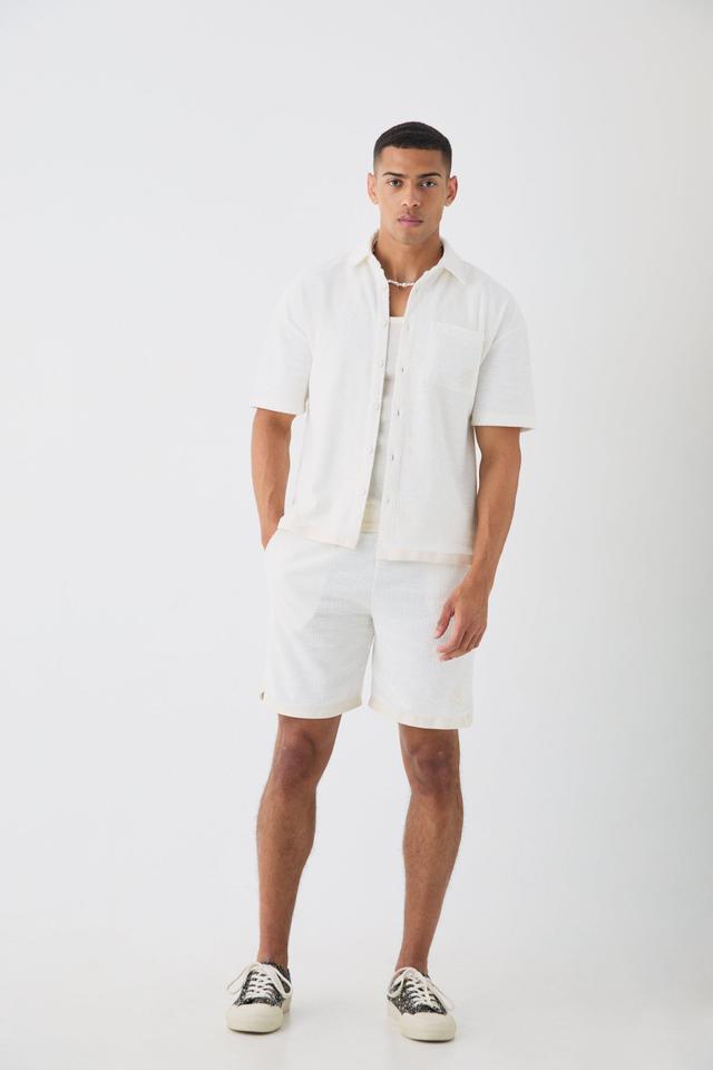 Oversized Textured Embroidered Shirt And Short Set | boohooMAN USA Product Image