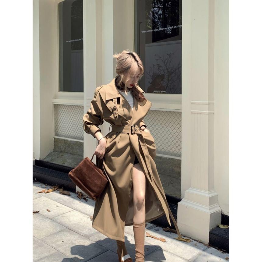 Lapel Collar Plain Belted Midi Trench Coat product image