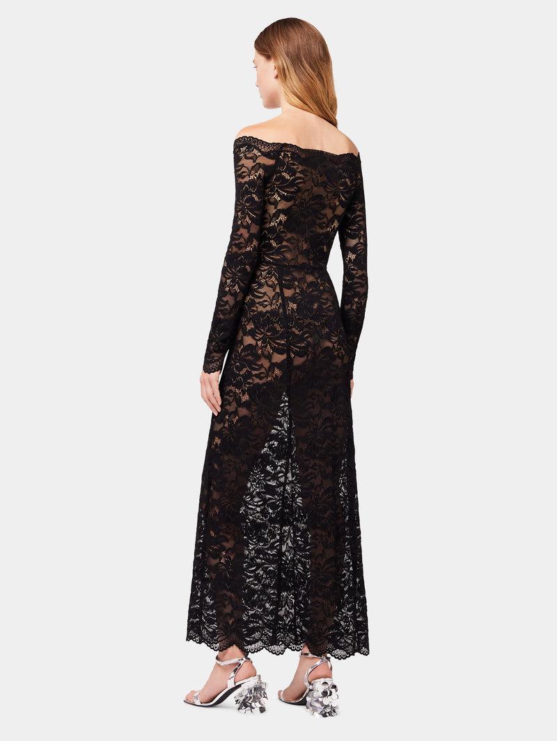 Long Black lace dress with bardot collar Product Image