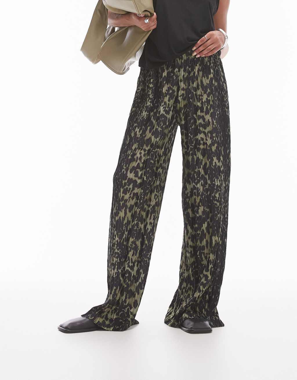 Topshop leopard plisse pants in khaki Product Image