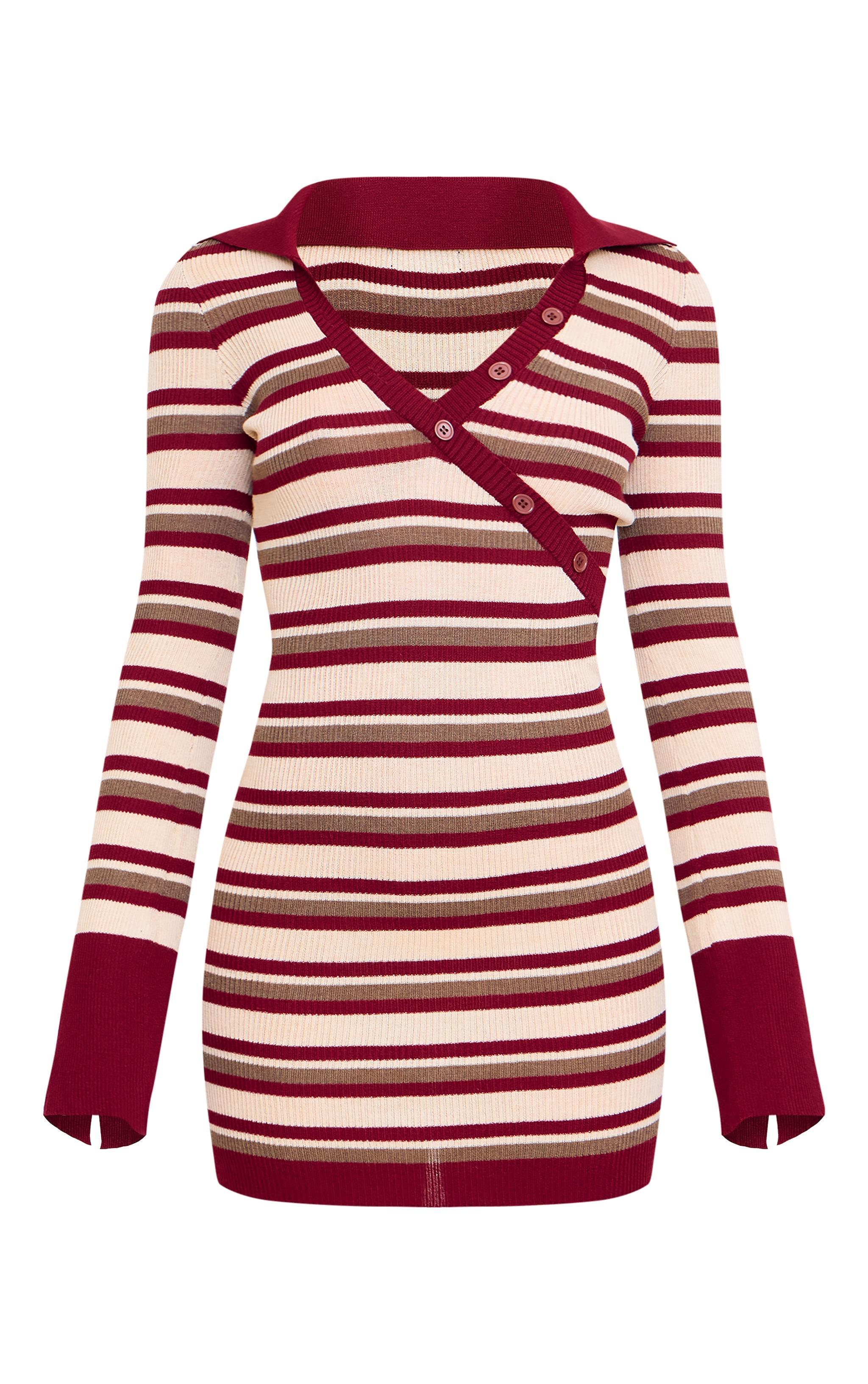 Burgundy Rib Knit Stripe Asymmetric Button Mini Dress Product Image