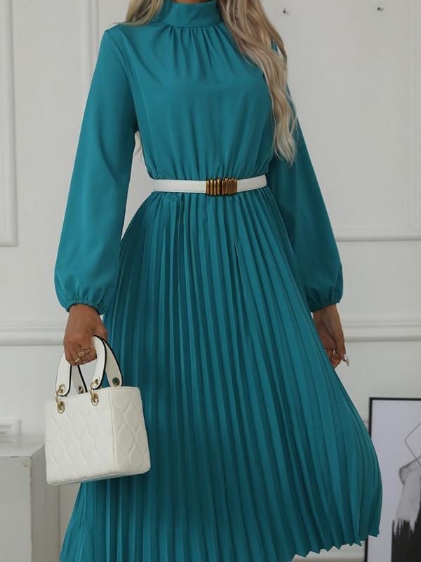 Long Sleeves Loose Buttoned Elasticity Hollow No Belt Pleated Solid Color High Neck Midi Dresses Product Image