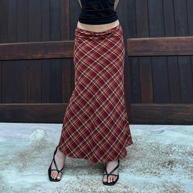 High Waist Plaid Maxi A-Line Skirt Product Image