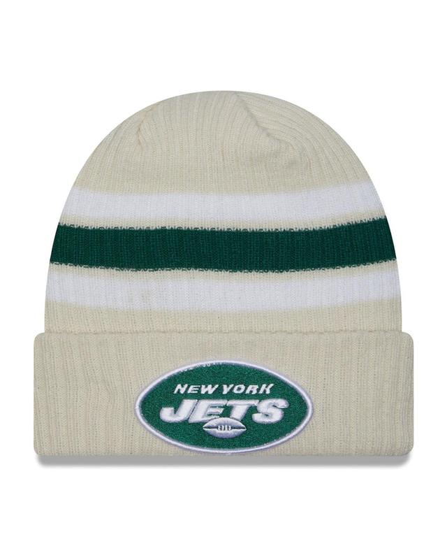 Mens New Era Cream New York Jets Team Stripe Cuffed Knit Hat Product Image