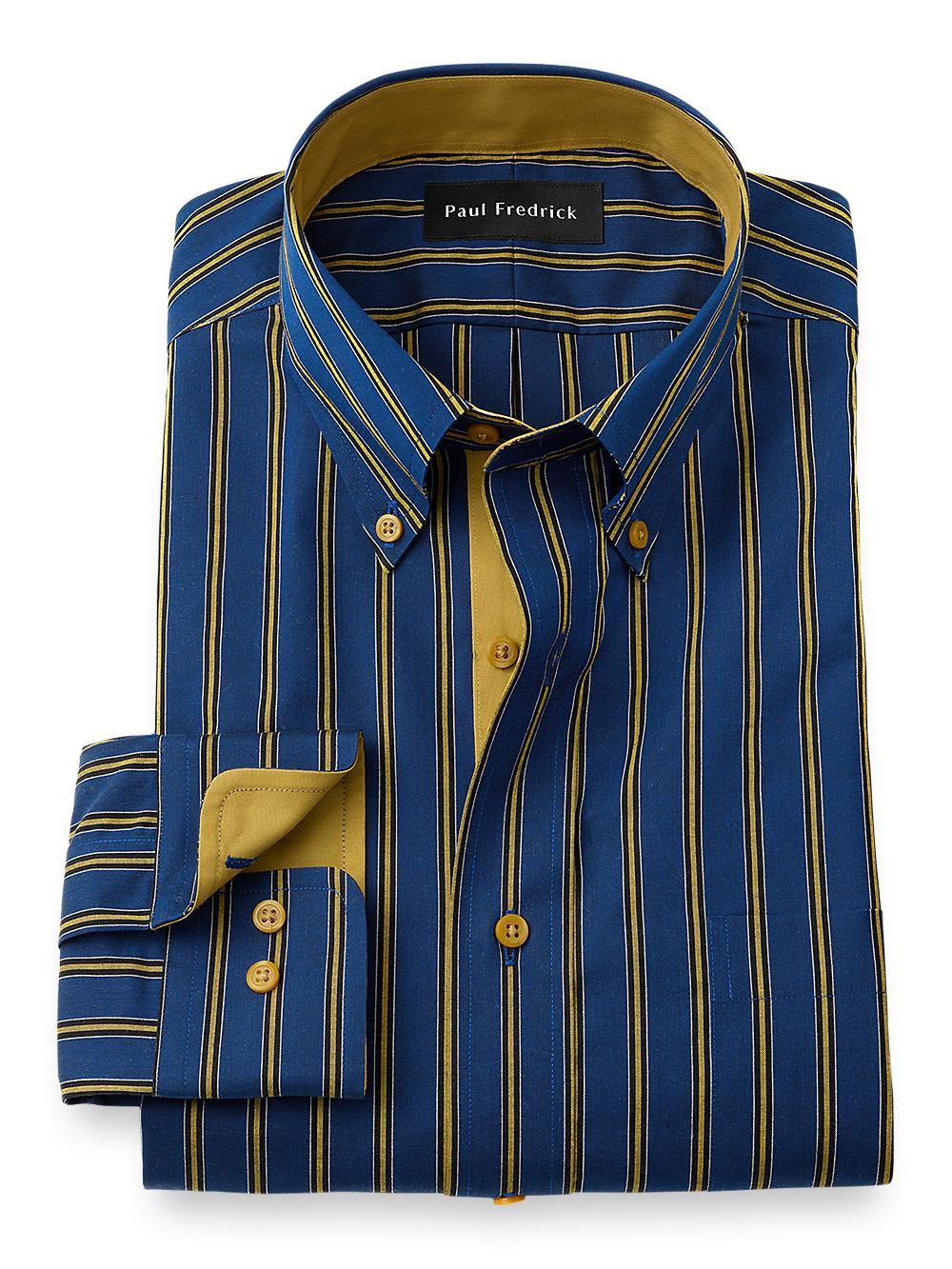 Tailored Fit Non-iron Cotton Stripe Dress Shirt With Contrast Trim Product Image