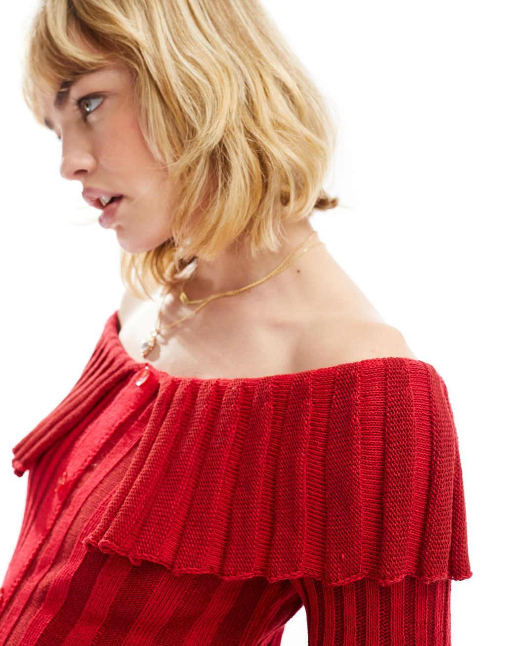 Reclaimed Vintage pleated ribbed knit off shoulder top in red Product Image