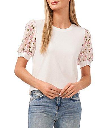 CeCe Womens Scattered Daisy Short Puff Sleeve Knit Top Product Image