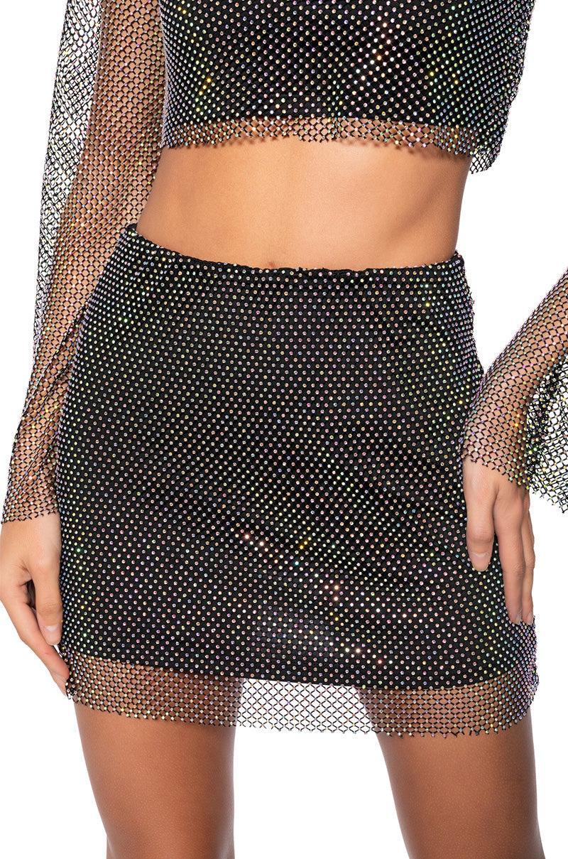 FLASHING LIGHTS RHINESTONE MESH MINI SKIRT IN BLACK Product Image