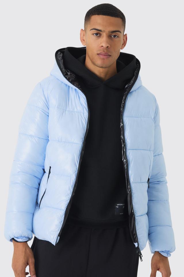 Zip Hood Vinyl Hi Shine Puffer Jacket In Light Blue | boohooMAN USA Product Image