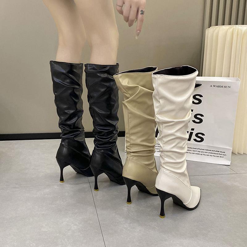 High Heel Pointed Toe Plain Faux Leather Tall Boots Product Image