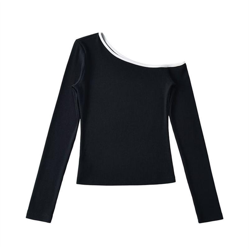 Long Sleeve One Shoulder Contrast Trim Top Product Image