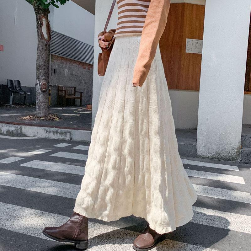 High Waist Plain Knit Maxi A-Line Skirt Product Image