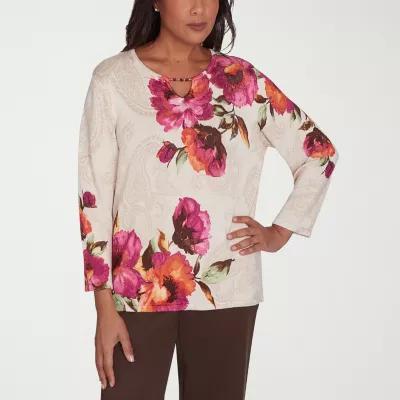 Alfred Dunner Wine Country Womens Split Crew Neck 3/4 Sleeve Floral Pullover Sweater Product Image