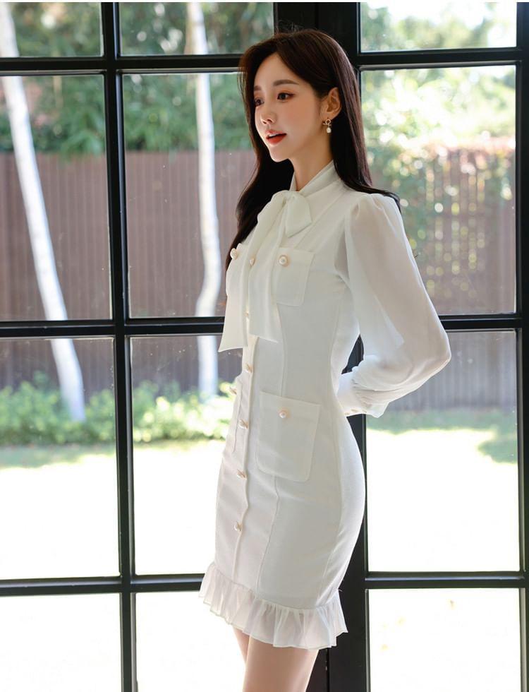 Long Sleeve Tie Neck Plain Button Mini Bodycon Dress Product Image