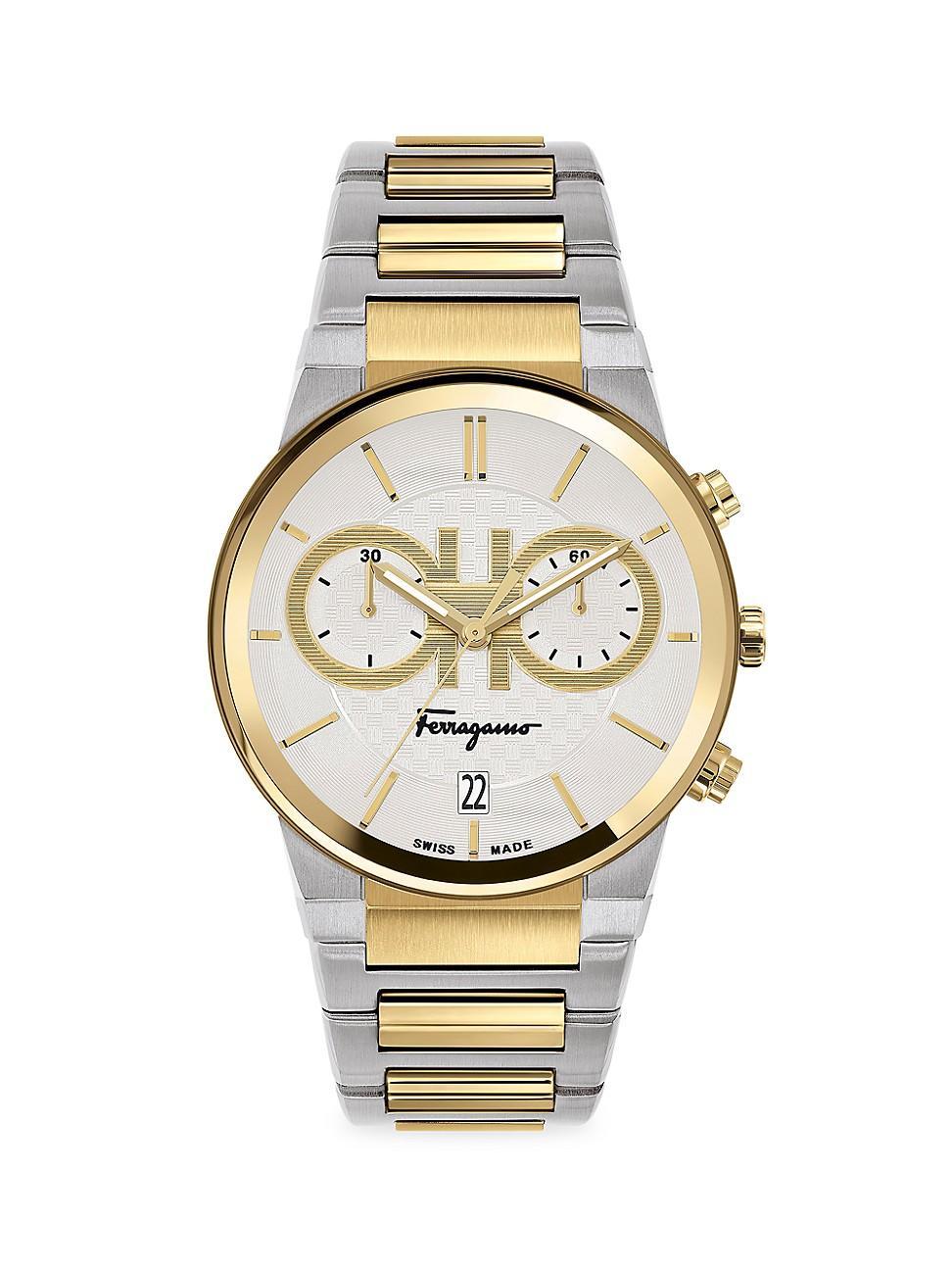 Mens FERRAGAMO Sapphire Chrono Yellow Gold & Stainless Steel Bracelet Watch Product Image