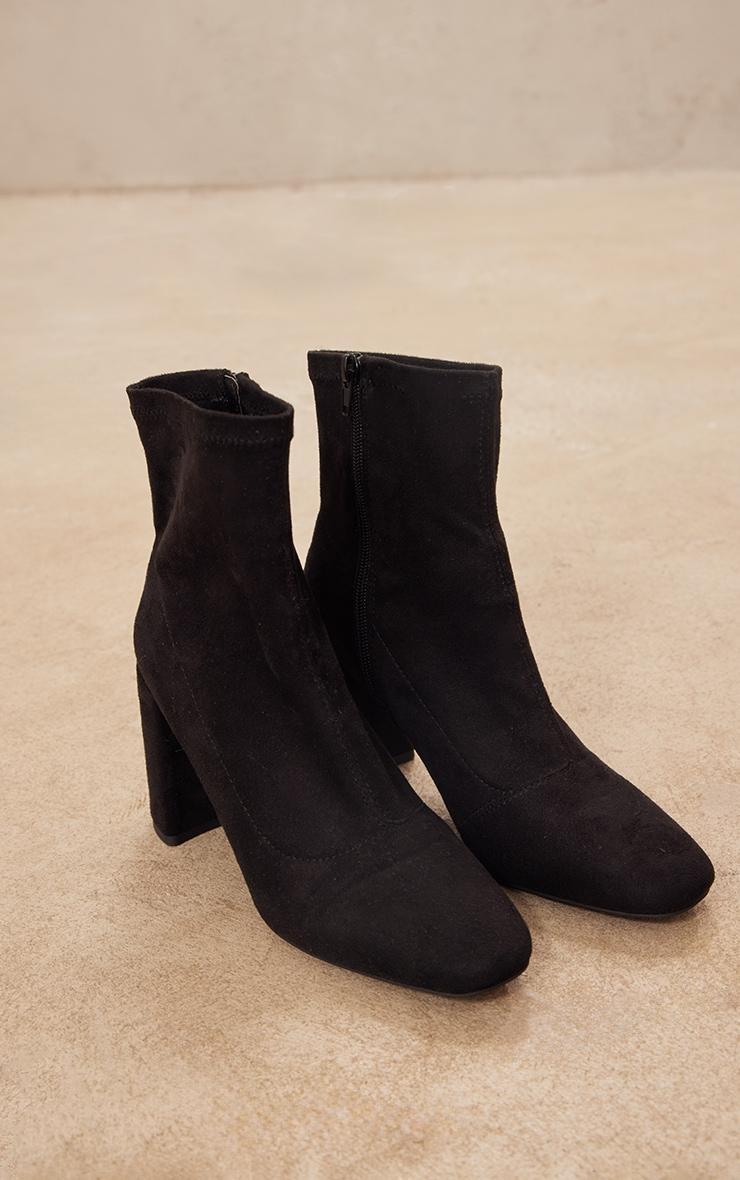 Black Faux Suede Round Toe Heeled Ankle Sock Boots Product Image