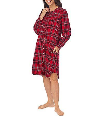 Lanz of Salzburg Plaid Print Cotton Flannel Long Sleeve Ruffled Short Nightgown Product Image