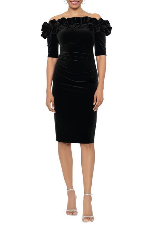 Xscape Evenings Ruffle Off the Shoulder Velvet Sheath Dress Product Image