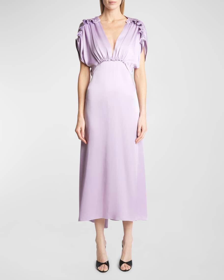 V-Neck Ruffle Satin Midi Dress Product Image