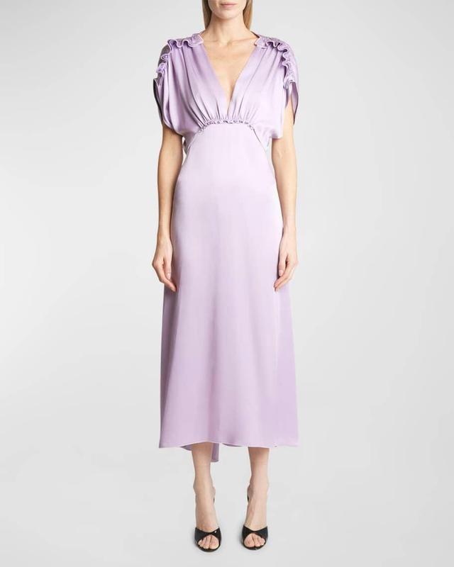 V-Neck Ruffle Satin Midi Dress Product Image