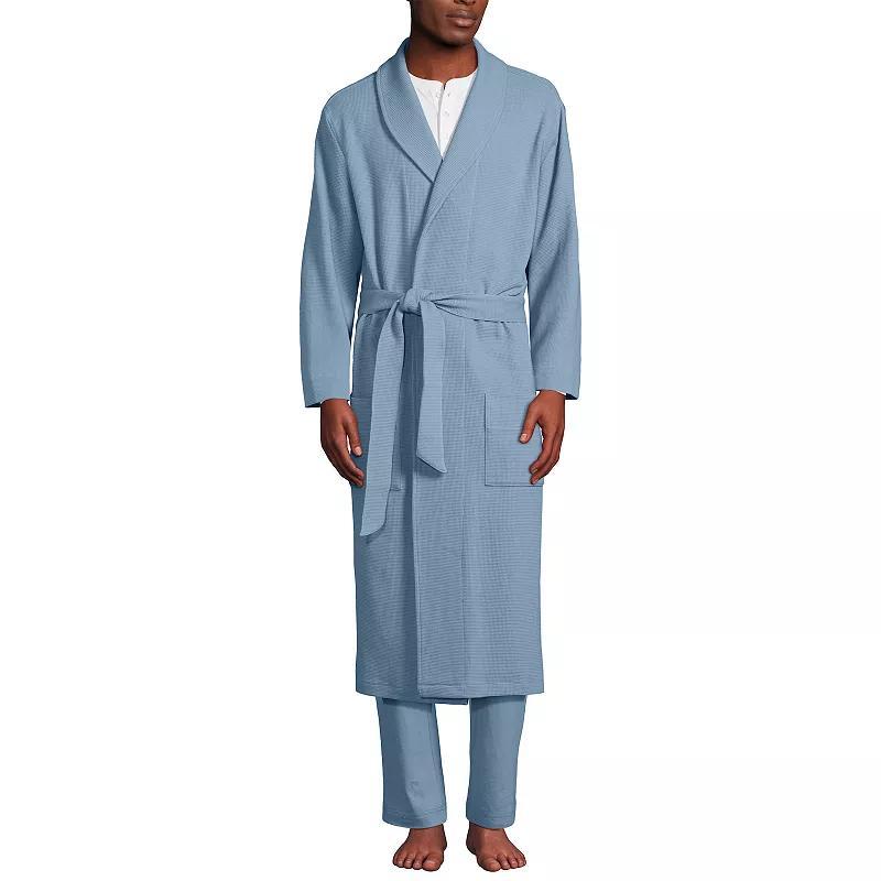 Mens Lands End Cozy Shawl-Collar Waffle-Weave Robe Pale Grey Blue Product Image