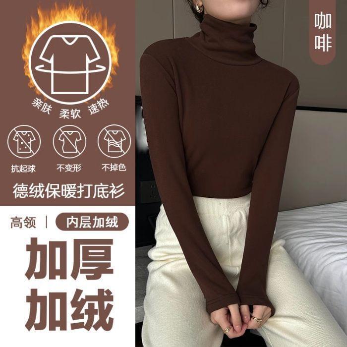 Long Sleeve Turtleneck Plain Fleece Lined Top Product Image