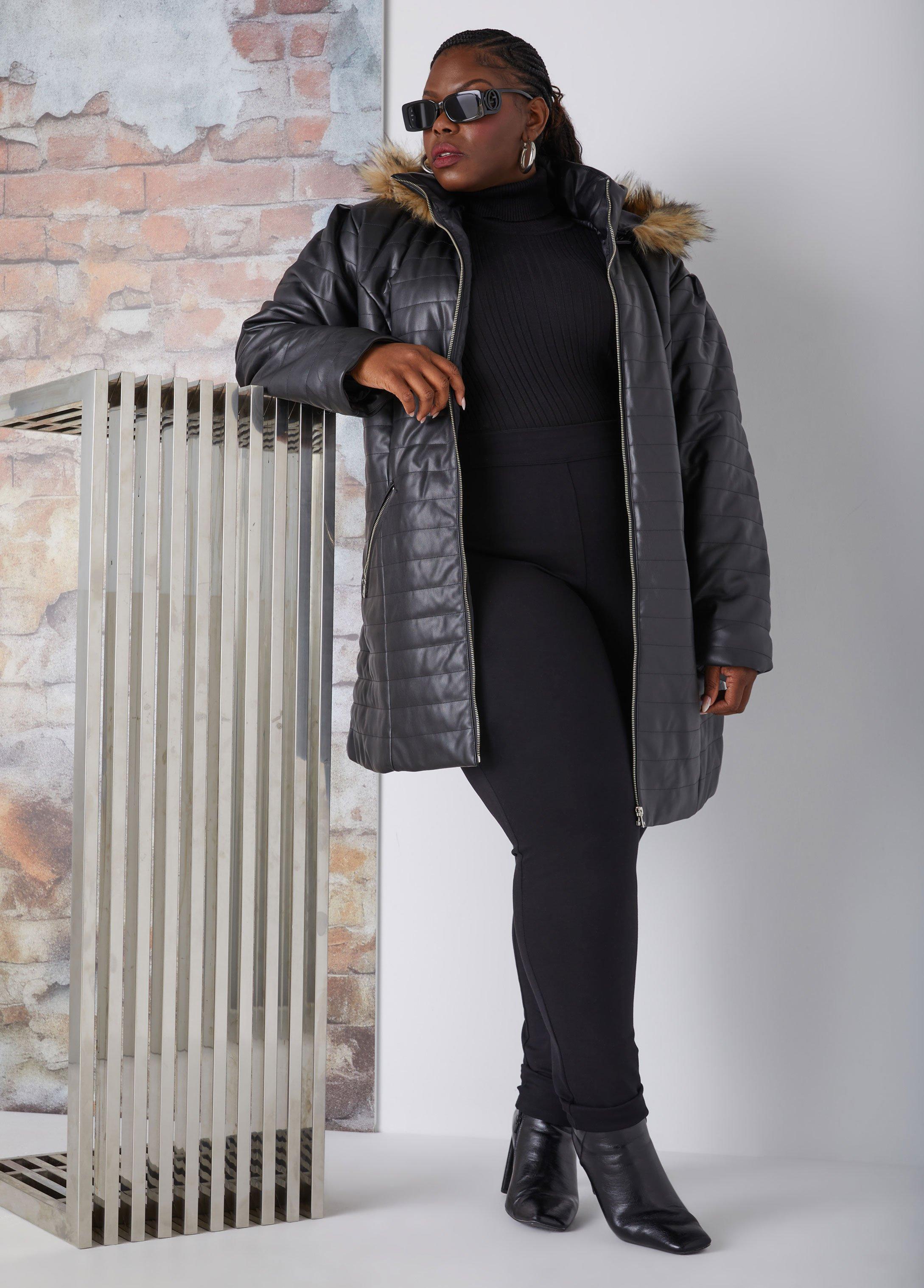 Hooded Quilted Faux Leather Coat Product Image