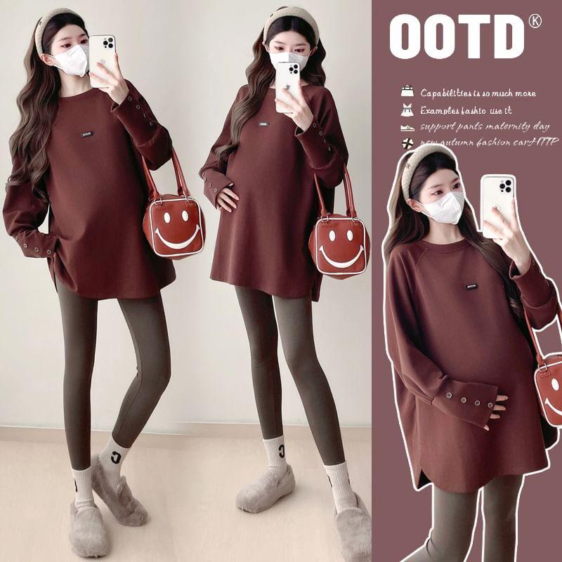 Maternity Crew Neck Plain Applique Side-Slit Pullover Product Image