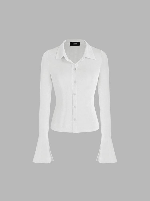 Solid Collar Button Up Bell Sleeve Blouse Product Image