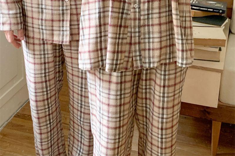 Couple Matching Pajama Set: Long-Sleeve Plaid Button-Up Top + Pants (Various Designs) Product Image