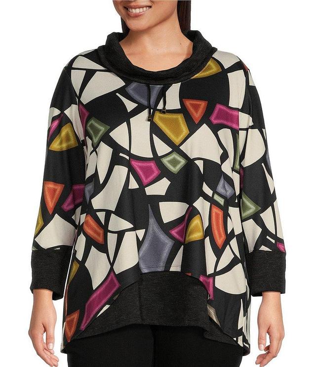 Ali Miles Plus Size Double Layer Knit Geometric Print Cowl Neck 3/4 Sleeve Hi-Low Hem Tunic Product Image