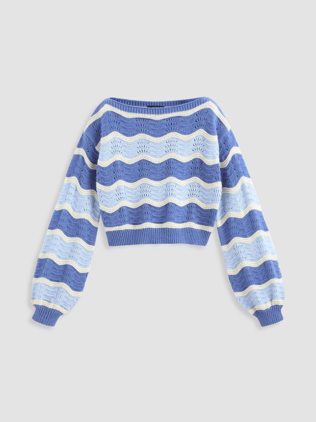 Wave Striped Lantern Sleeve Sweater Product Image