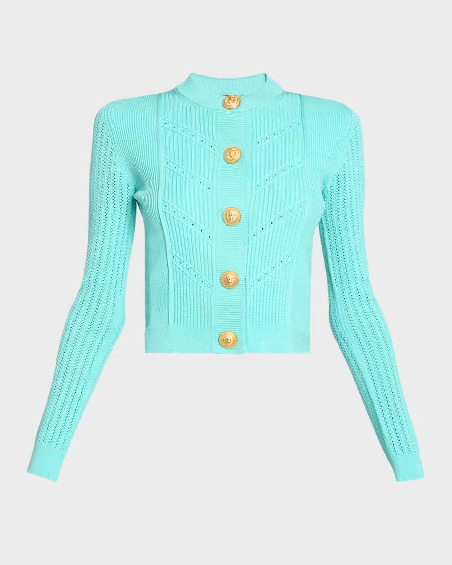 Buttoned Pointelle Rib Knit Short Cardigan Product Image