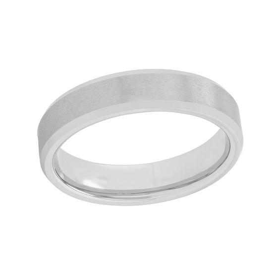 Men's 5.0mm Brushed Inlay Beveled Edge Comfort-Fit Engravable Wedding Band in White, Yellow or Rose Tungsten (1 Line) Product Image