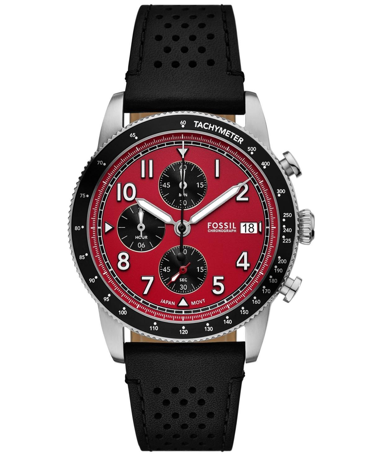 Fossil Mens Sport Tourer Chronograph Black Leather Watch, 42mm - Black Product Image