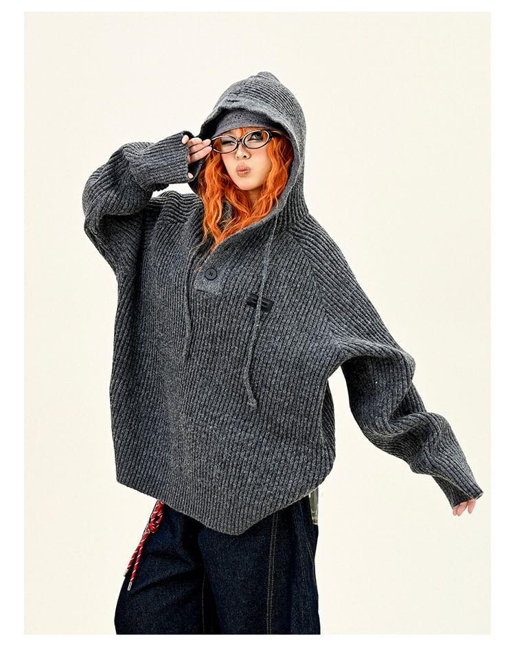 Drawstring Hooded Plain Oversizer Sweater Product Image