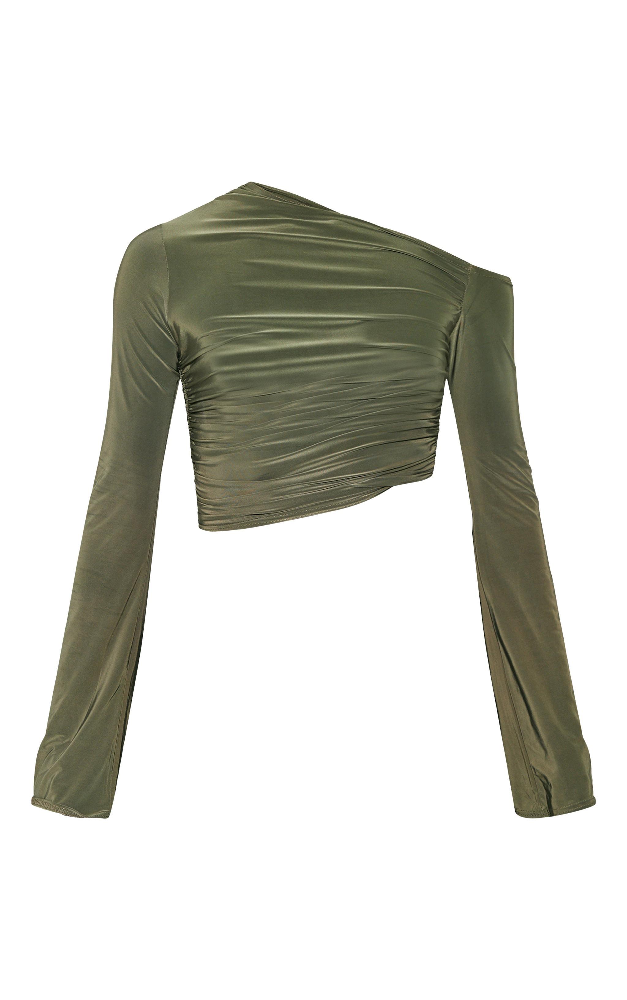 Tall Khaki Slinky Ruched Off The Shoulder Long Sleeve Top Product Image