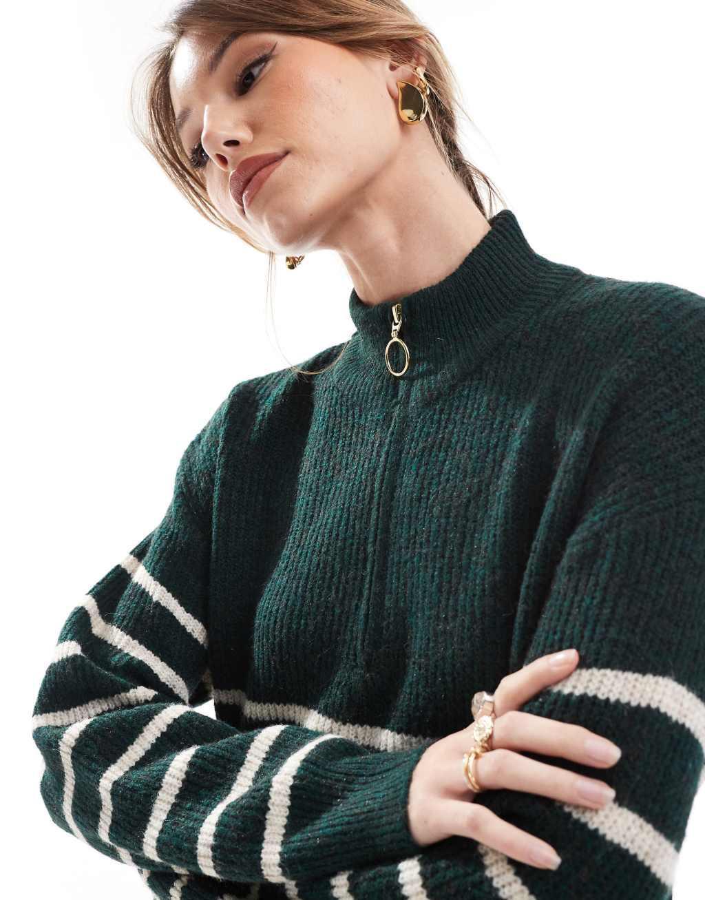 ONLY 1/4 zip sweater in dark green stripe Product Image