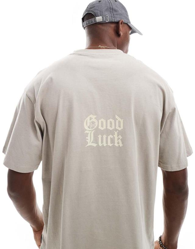 Pull&bear good luck back printed t-shirt in washed beige Product Image