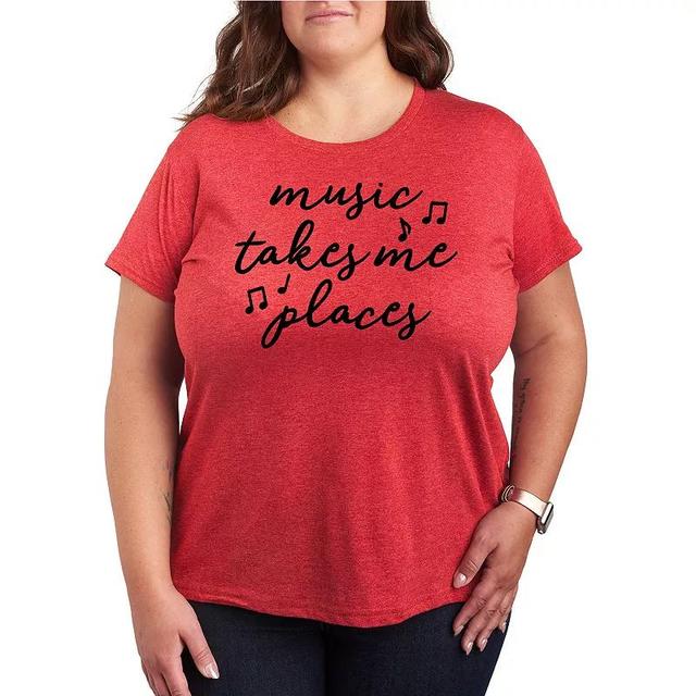 Plus Music Takes Me Places Graphic Tee, Womens Grey Red Product Image