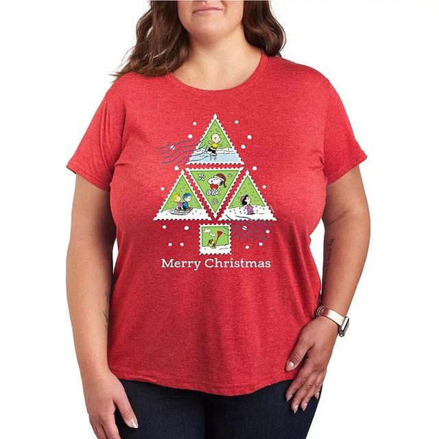 Plus Size Peanuts Christmas Tree Stamps Graphic Tee, Womens Grey Red Product Image