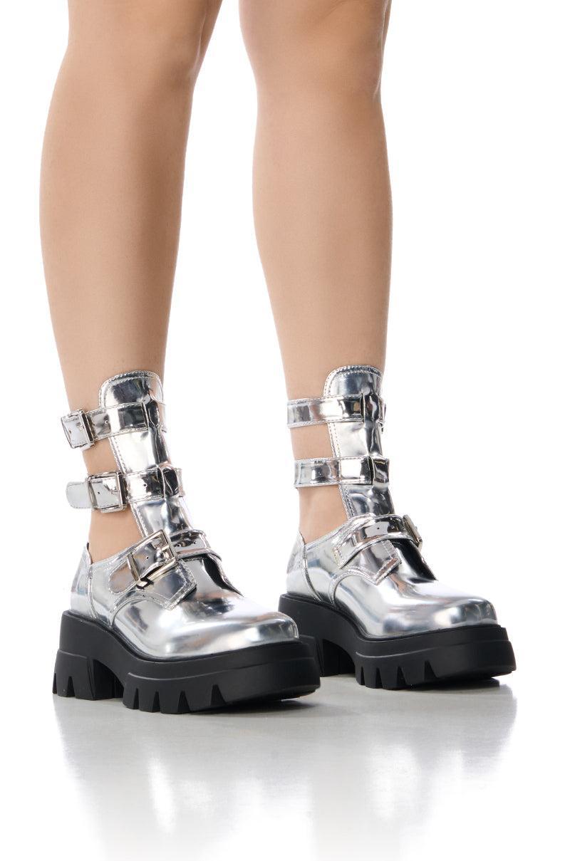 AZALEA WANG ATTICUS SILVER BUCKLE UP BOOTIE Product Image