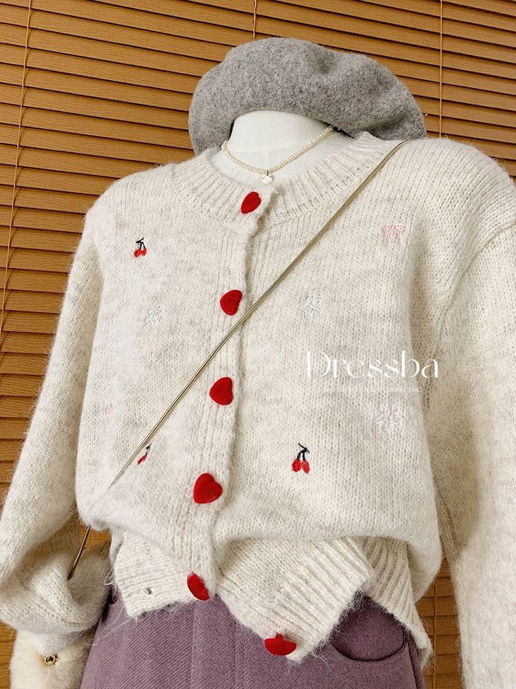 Round Neck Cherry Embroidered Heart Button Cardigan Product Image