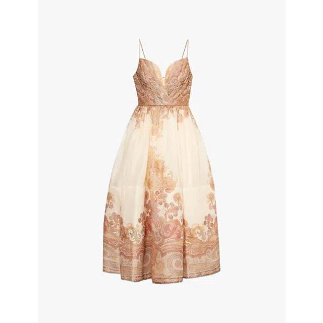 ZIMMERMANN Womens Cream Paisley Pleated-bodice Sleeveless Linen And Silk-blend Midi Dress In Pink Product Image