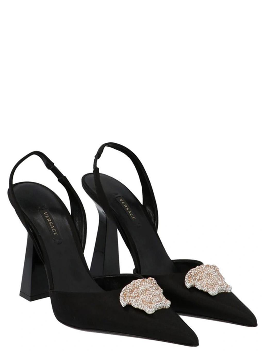 VERSACE La Medusa Satin Slingback Pump In Black Product Image