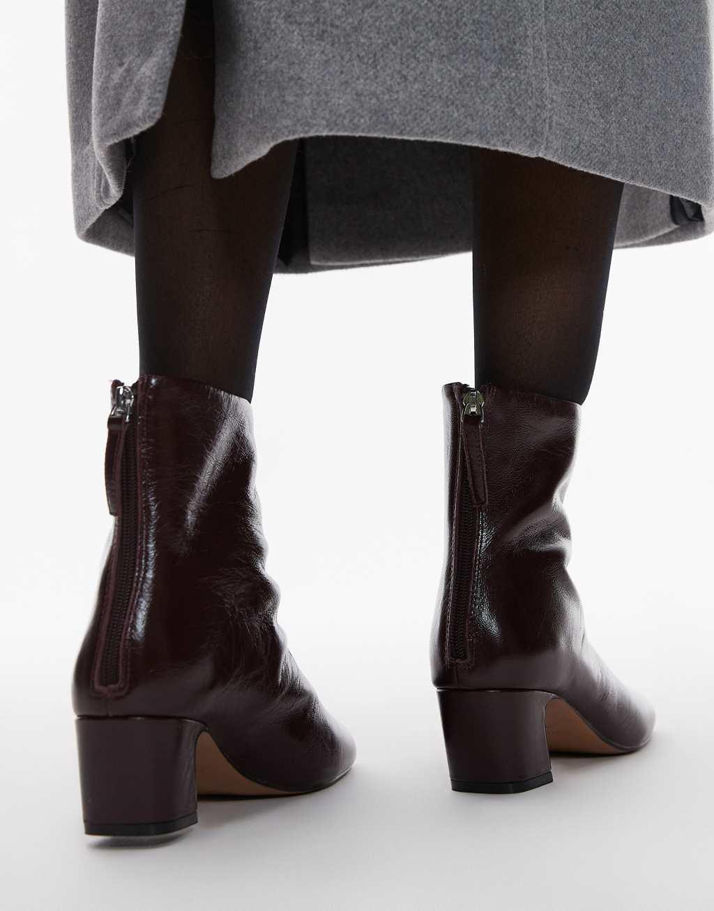 Mango leather heeled boots in burgundy Product Image